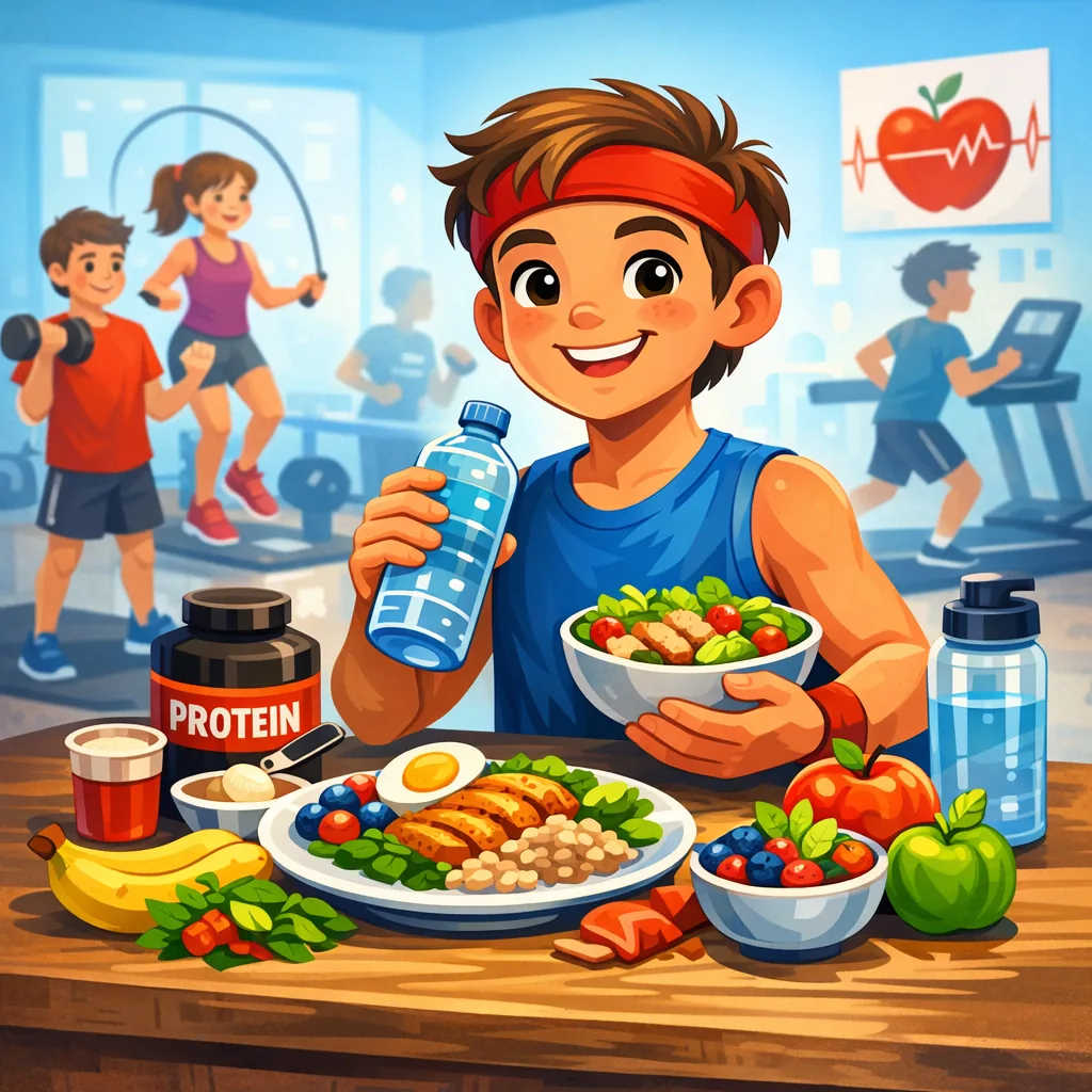 Illustrazzjoni li tirrappreżenta taħriġ tas-saħħa għaż-żgħażagħ, tfal jeżerċitaw fil-ġinnasju b'tagħmir tal-fitness