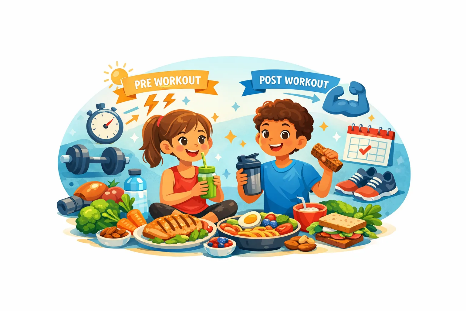 Illustration of a child preparing healthy food with fruits, vegetables and whole grains to support training
