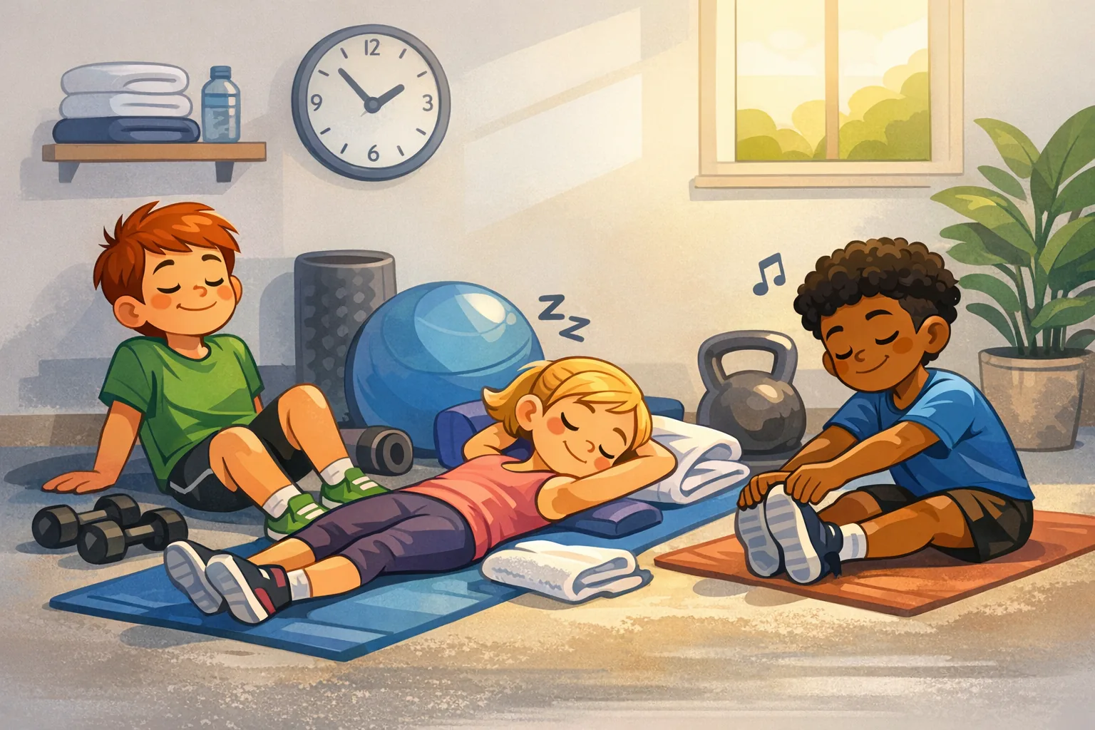 Illustrazzjoni li tirrappreżenta taħriġ tas-saħħa għaż-żgħażagħ, tfal jeżerċitaw fil-ġinnasju b'tagħmir tal-fitness
