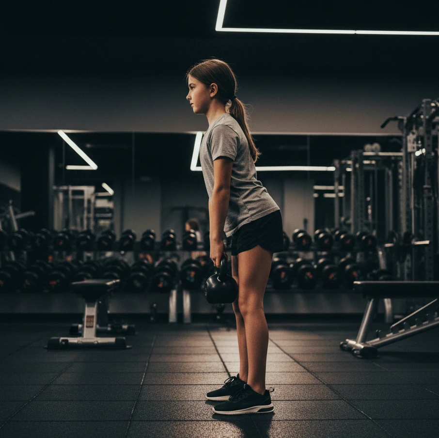 Tfajla tagħmel deadlift b’kettlebell fi programm ta’ saħħa